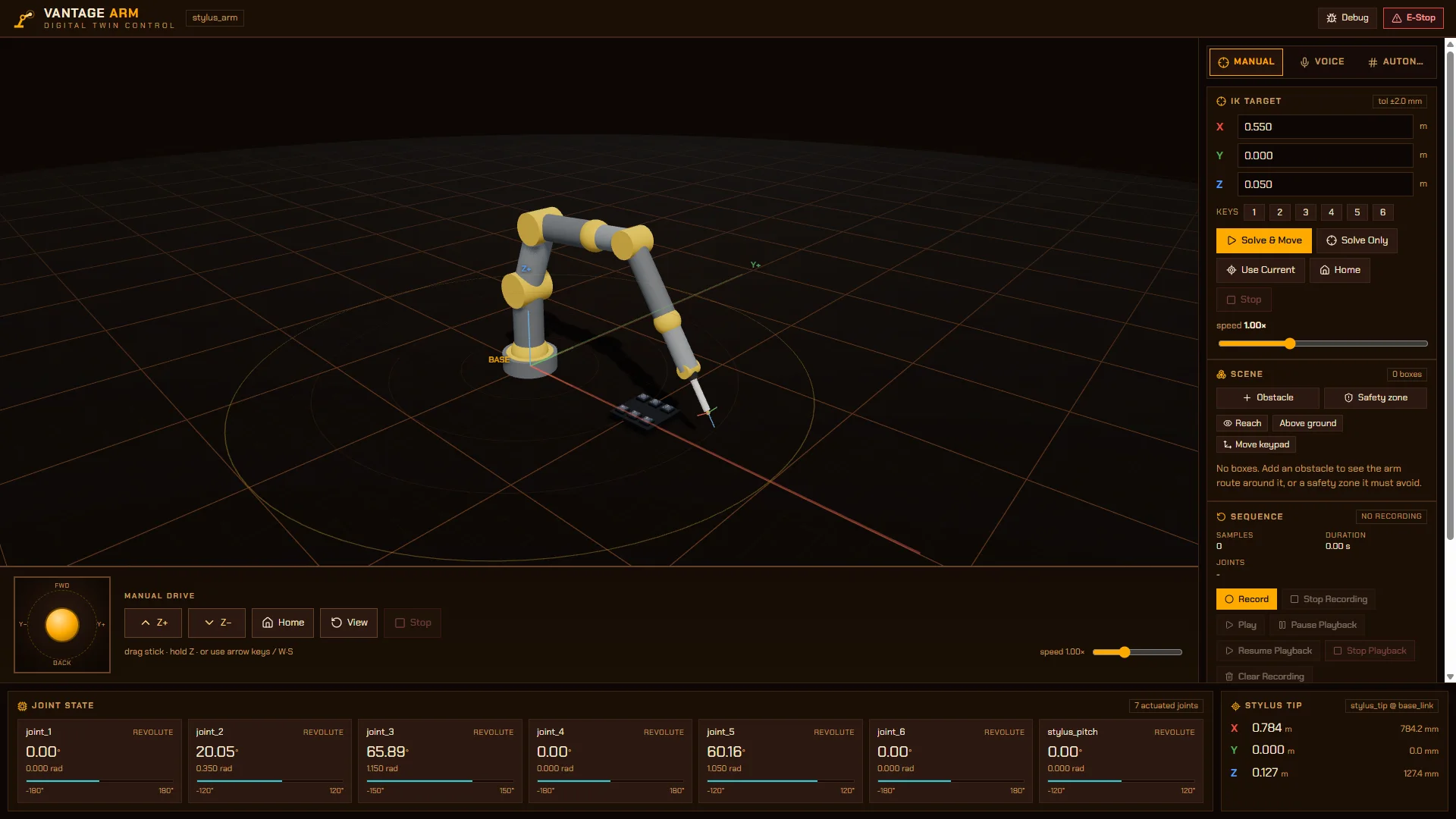 Vantage Arm Digital Twin interface